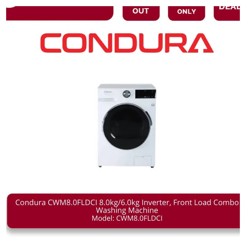 Condura CWM8.0FLDCI 8 kg/6 kg Inverter Front Load Combo Washing Machine
